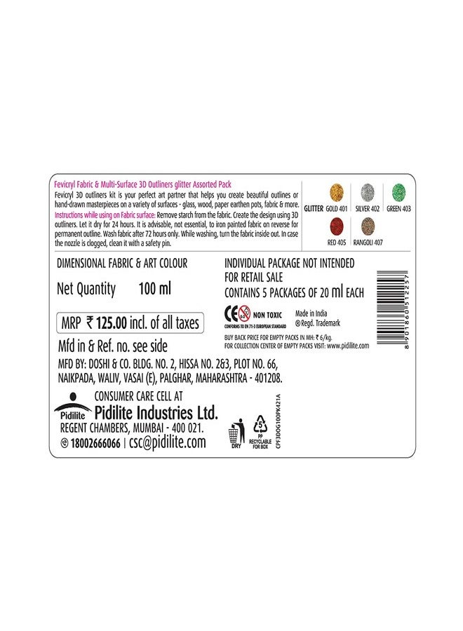 Fevicryl 3D Outliners Glitter Kit 20ml x 5 | Fabric and Multi-Surface 3D Outliners Assorted Pack, Multi Colour | DIY Art & Craft | Ideal for Artists, Gifting - Image 2